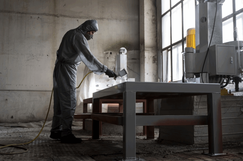 Arbeiter in Schutzanzug und Atemschutzmaske lackiert einen Metalltisch mit einer Farbspritzpistole in einer industriellen Werkshalle