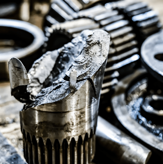 Schwer beschädigtes und gebrochenes Metall-Maschinenteil im Nahbereich vor weiteren Zahnrädern