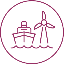 Rundes, weinrotes Icon mit der stilisierten Darstellung eines Schiffes und eines Windrads auf Wellen